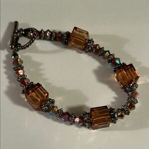 Beautiful Salmon Orange Pink Glass and Silver Bead Strand Bracelet 7 1/2"
